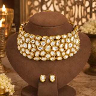 ACCESSHER Gold Plated Vilandi Kundan Choker Necklace Set - Stud Earrings & Adjustable Dori