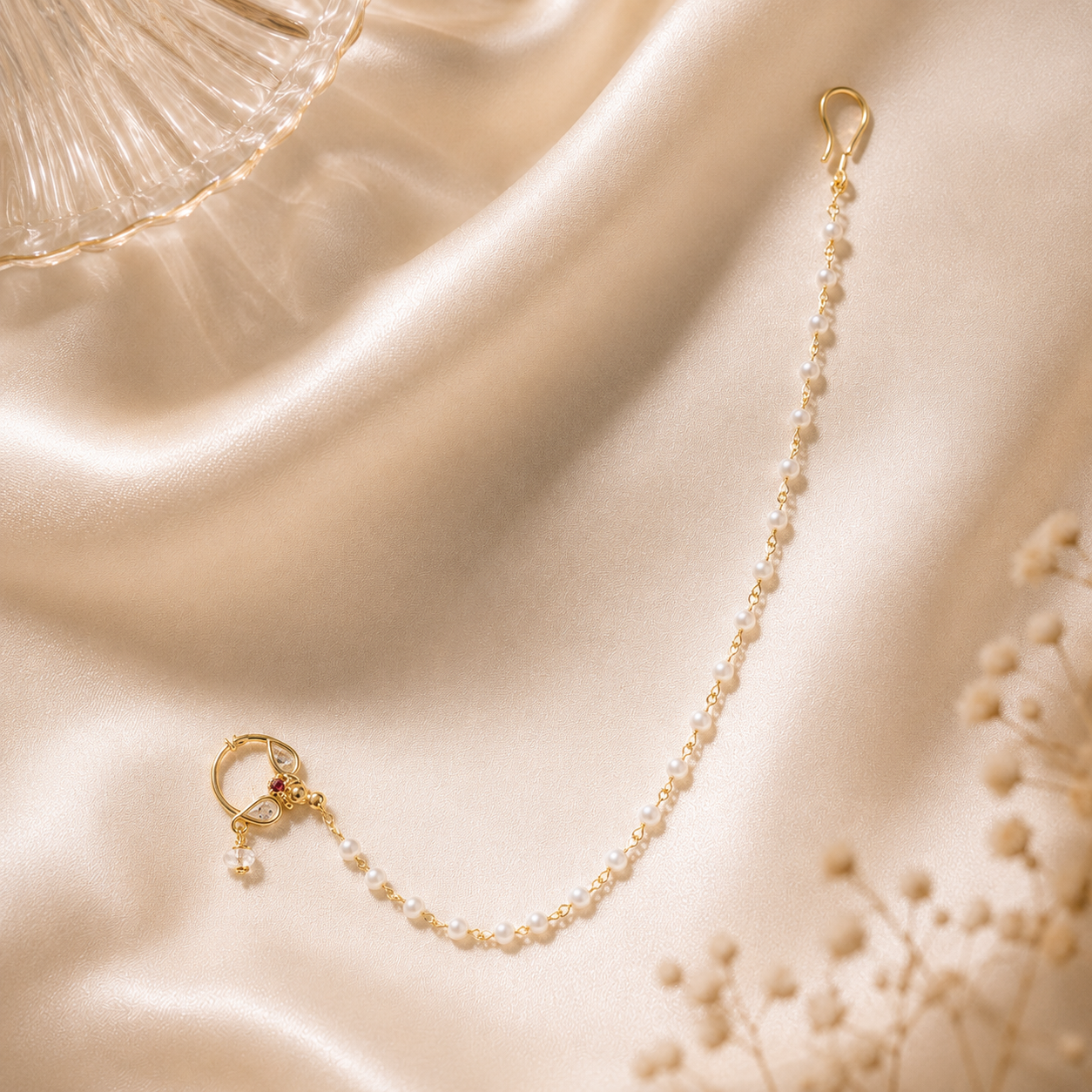 ACCESSHER Gold Plated Ruby Kundan Clip-On Nathani with Pearl Chain for Women - Image 5