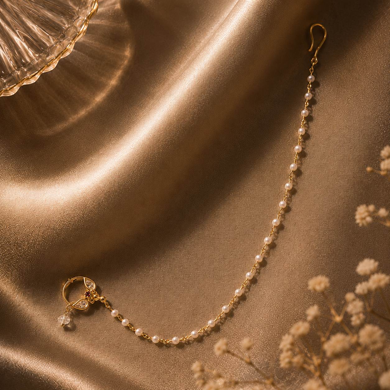 ACCESSHER Gold Plated Ruby Kundan Clip-On Nathani with Pearl Chain for Women