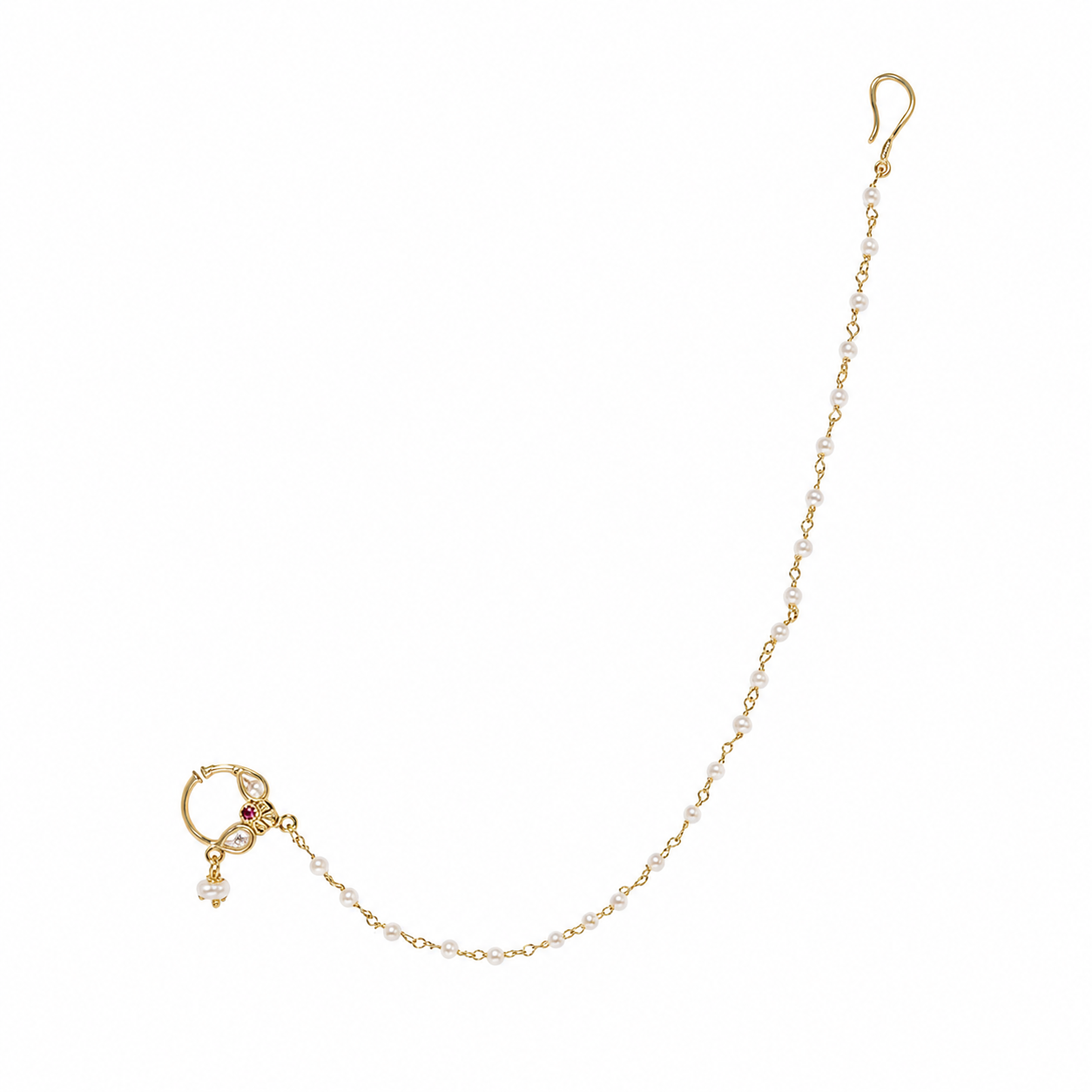 ACCESSHER Gold Plated Ruby Kundan Clip-On Nathani with Pearl Chain for Women - Image 7