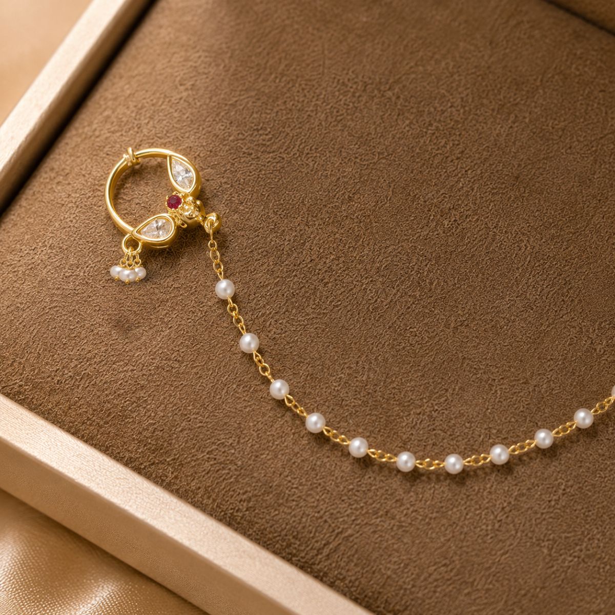 ACCESSHER Gold Plated Ruby Kundan Clip-On Nathani with Pearl Chain for Women - Image 3