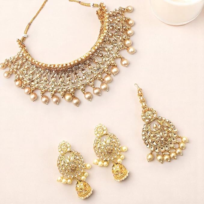 ACCESSHER Gold Plated Choker Necklace Set with White Kundan Stone Detailing - Lightweight Traditional Jewellery