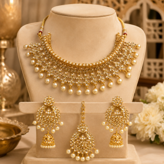 ACCESSHER Gold Plated Choker Necklace Set with White Kundan Stone Detailing - Lightweight Traditional Jewellery