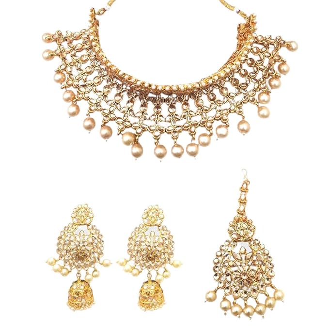 ACCESSHER Gold Plated Choker Necklace Set with White Kundan Stone Detailing - Lightweight Traditional Jewellery - Image 4