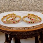 ACCESSHER Gold Plated Bangles with Cream Pearl, Pink-Green Stone & Floral Detailing (Set of 4)(2.6)
