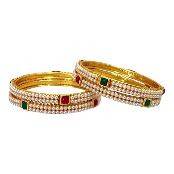 ACCESSHER Gold Plated Pearl Beaded Bangles - Square Stone Detailing (Set of 4, Size 2.6) - Image 6
