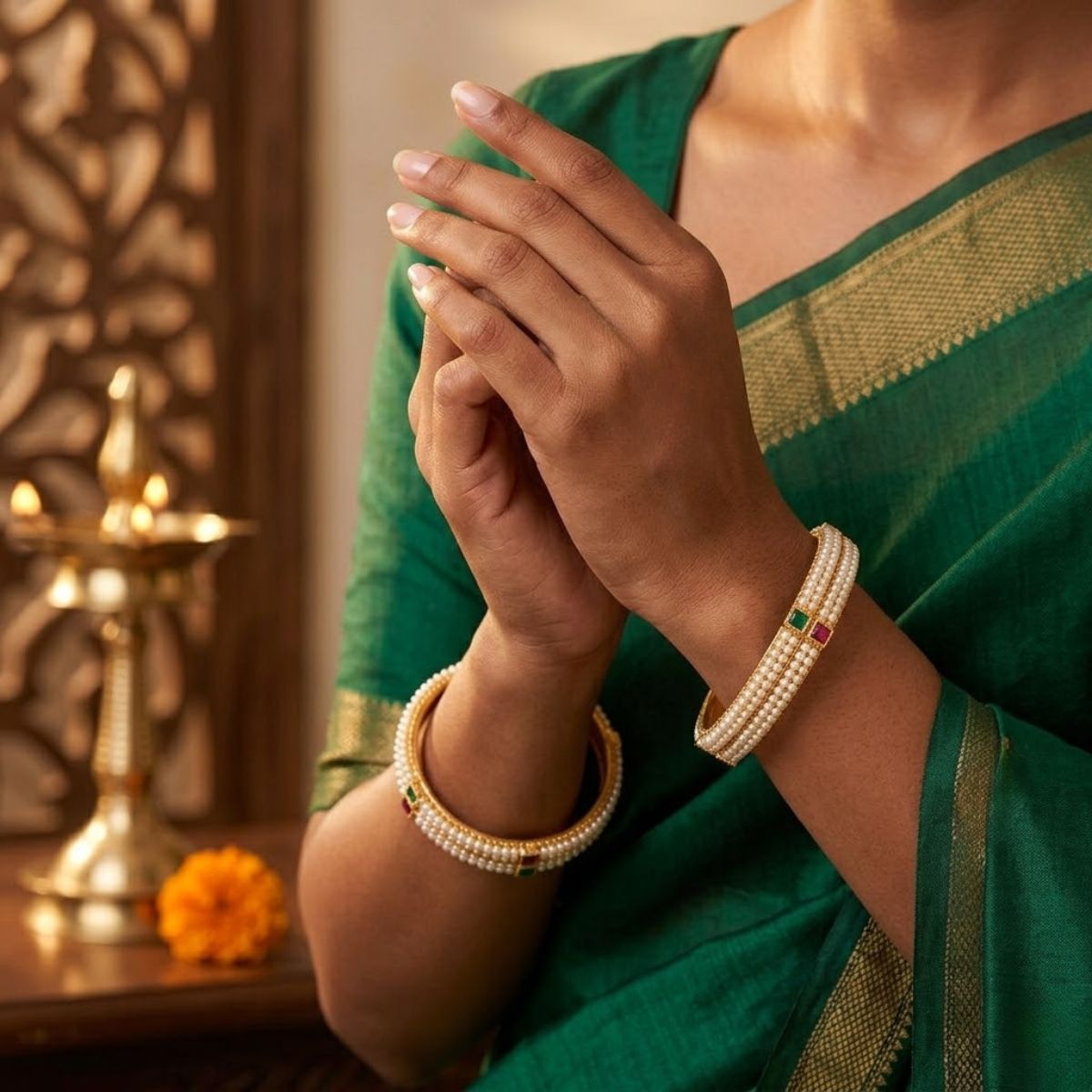 ACCESSHER Gold Plated Pearl Beaded Bangles - Square Stone Detailing (Set of 4, Size 2.6) - Image 5