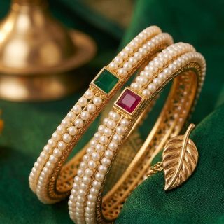ACCESSHER Gold Plated Pearl Beaded Bangles - Square Stone Detailing (Set of 4, Size 2.6)
