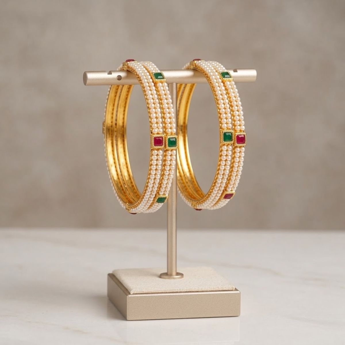 ACCESSHER Gold Plated Pearl Beaded Bangles - Square Stone Detailing (Set of 4, Size 2.6) - Image 4