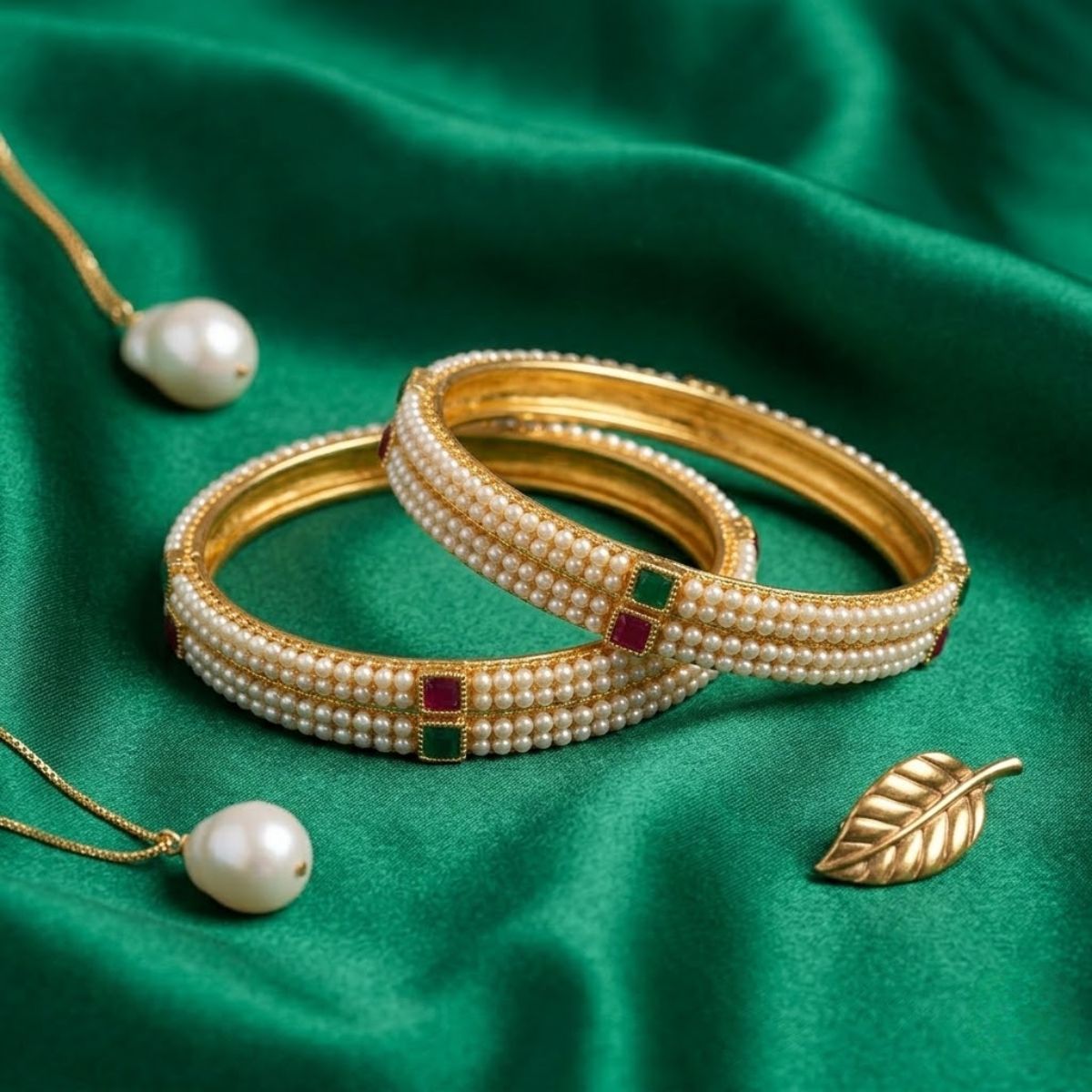 ACCESSHER Gold Plated Pearl Beaded Bangles - Square Stone Detailing (Set of 4, Size 2.6) - Image 3