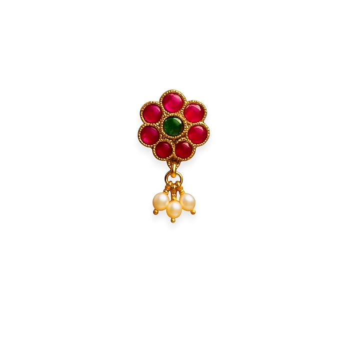 ACCESSHER Gold Tone Floral Nosepin with Stone & Faux Pearl Detailing for Women - Pink & Green Design - Image 3