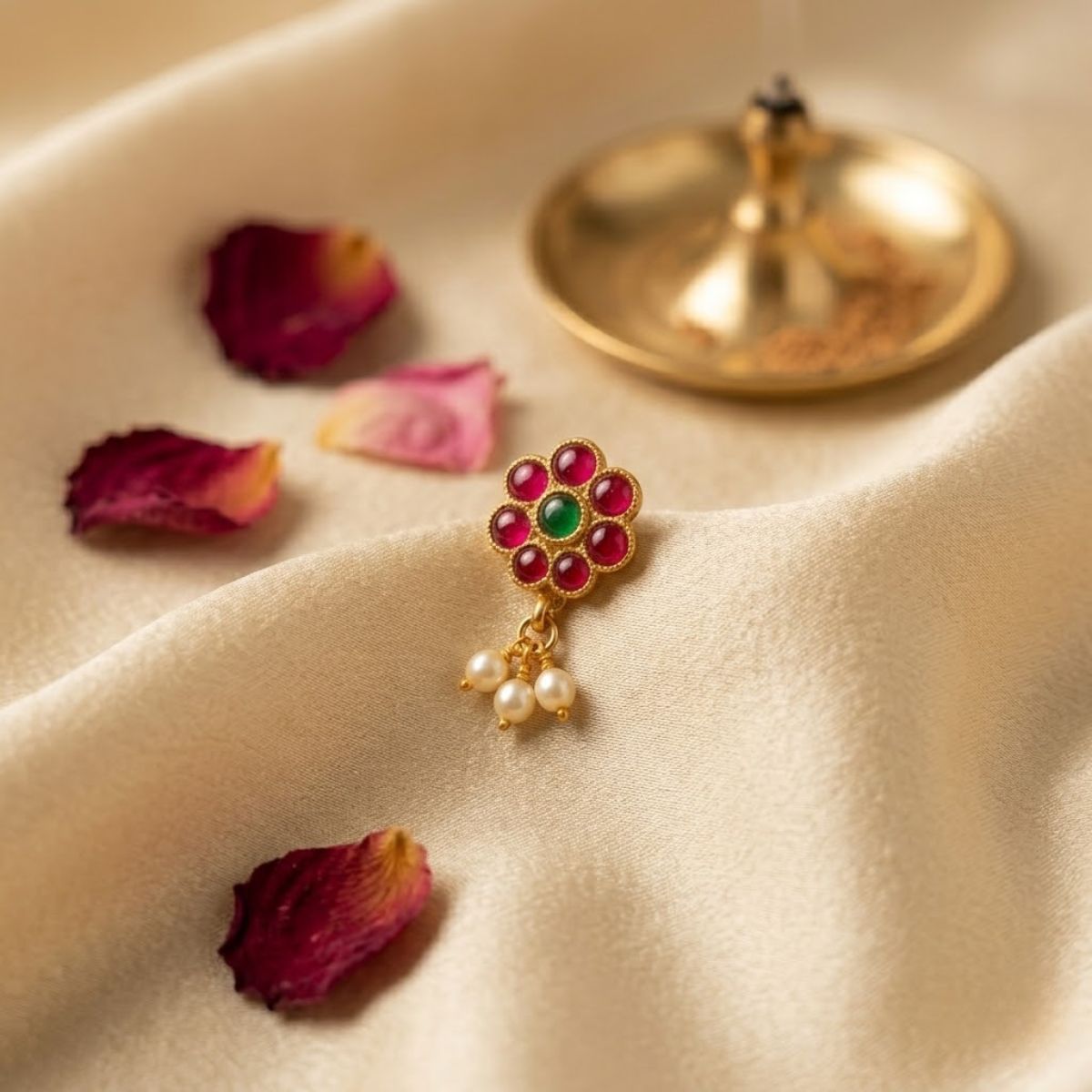 ACCESSHER Gold Tone Floral Nosepin with Stone & Faux Pearl Detailing for Women - Pink & Green Design