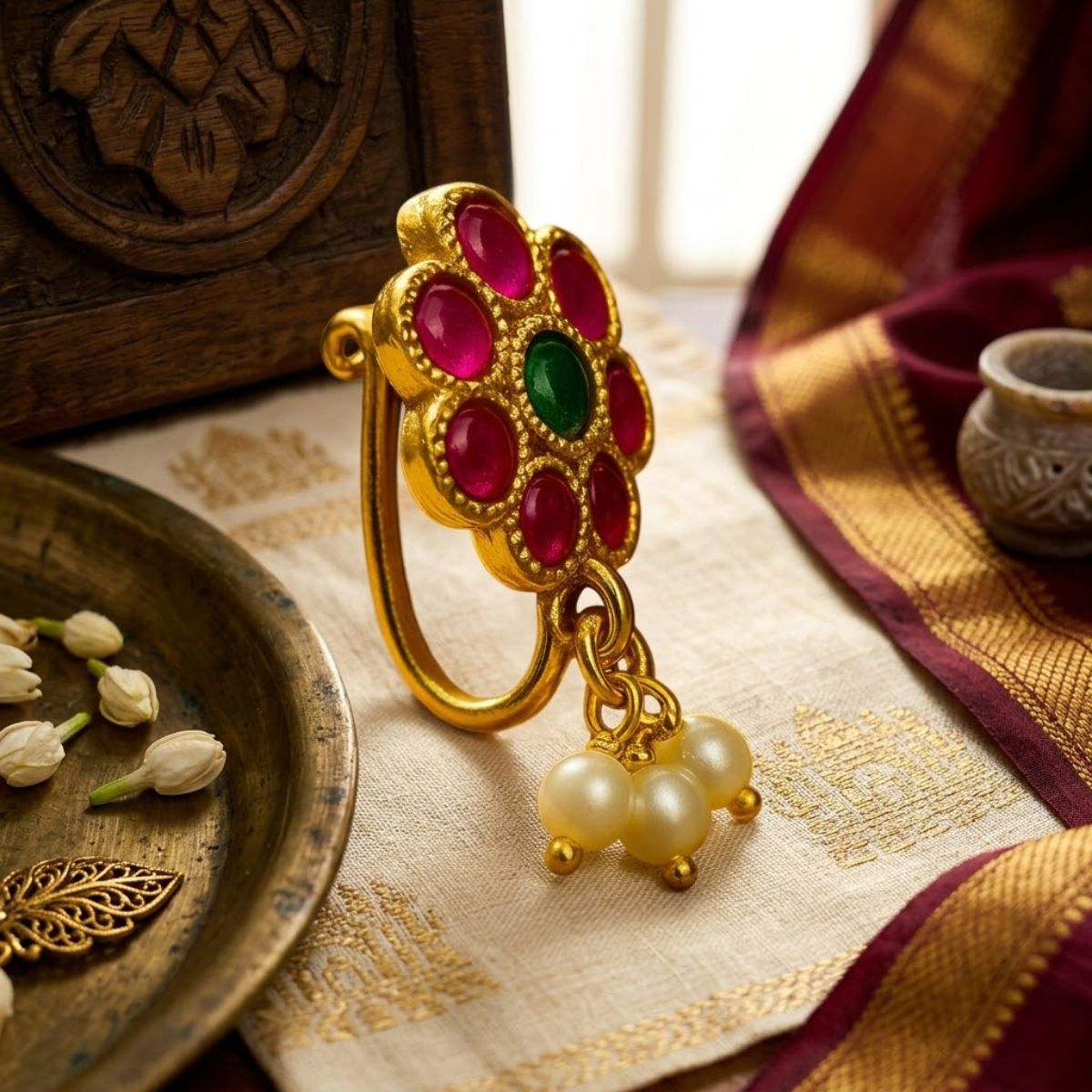 ACCESSHER Gold Tone Floral Nosepin with Stone & Faux Pearl Detailing for Women - Pink & Green Design - Image 2
