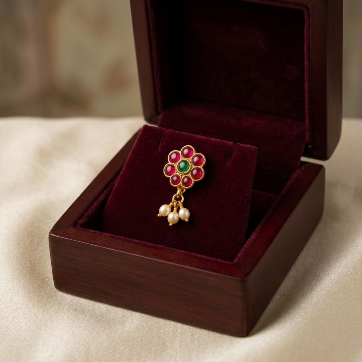 ACCESSHER Gold Tone Floral Nosepin with Stone & Faux Pearl Detailing for Women - Pink & Green Design - Image 4