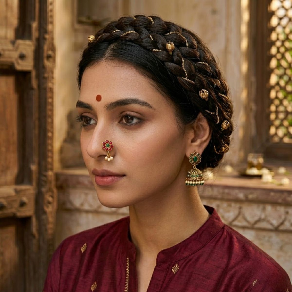 ACCESSHER Gold Tone Floral Nosepin with Stone & Faux Pearl Detailing for Women - Pink & Green Design - Image 5