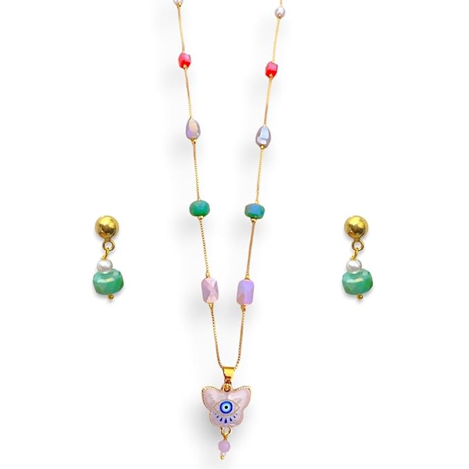 ACCESSHER Gold Tone Multicolour Multilayer Necklace Set with Drop Earrings for Women & Girls - Aesthetic Fashion Jewellery