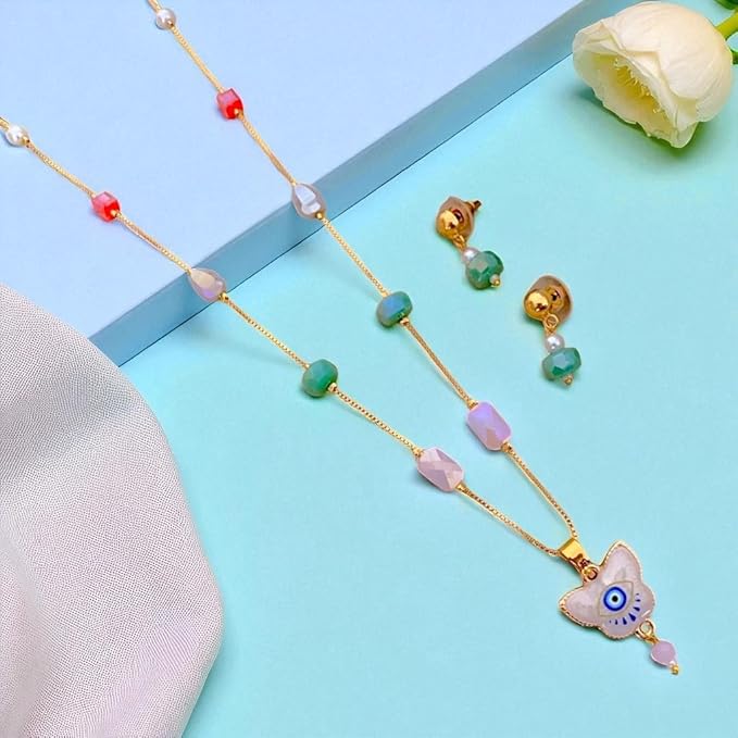 ACCESSHER Gold Tone Multicolour Multilayer Necklace Set with Drop Earrings for Women & Girls - Aesthetic Fashion Jewellery - Image 2