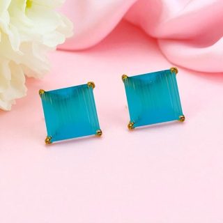 ACCESSHER Gold Tone Contemporary Square Stud Earrings in Light Blue for Women & Girls - Trendy Fashion Jewellery
