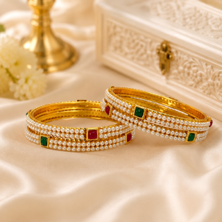 ACCESSHER Gold Plated White Pearl Bangles Set for Women & Girls (Set of 4)