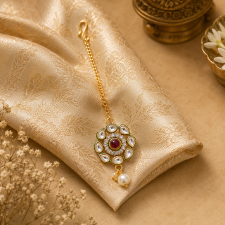 Accessher Gold Plated Vilandi Kundan & Ruby Stone Floral Maang Tikka - Statement Wedding Jewellery