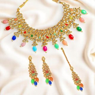 ACCESSHER Gold Tone Multicolour Beaded Kundan Choker Necklace Set - Lightweight Traditional Jewellery Design