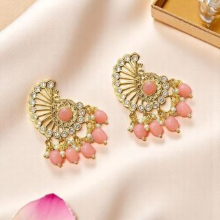 ACCESSHER Gold Plated Peacock Inspired Earrings with Peach Stone Detailing - Lightweight Traditional Jewellery in Peach Pink