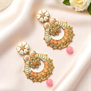 ACCESSHER Gold Plated Floral Earrings with White & Peach Stone Detailing - Traditional Jewellery in Peach Pink