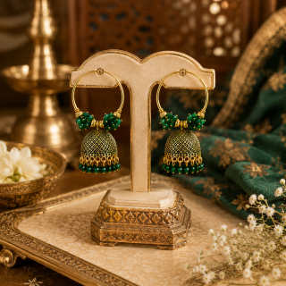 ACCESSHER Green Pearl Hoop Jhumka Earrings with Brass Bali Design for Women - Lightweight Traditional Jhumki Set