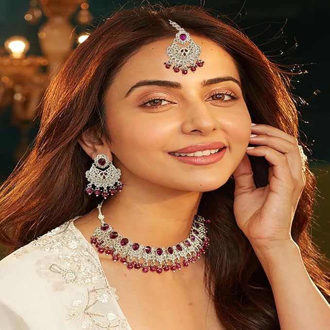 ACCESSHER Silver Toned Necklace & Earring Set with American Diamond Stone Detailing for Women & Girls in Purple - Image 3
