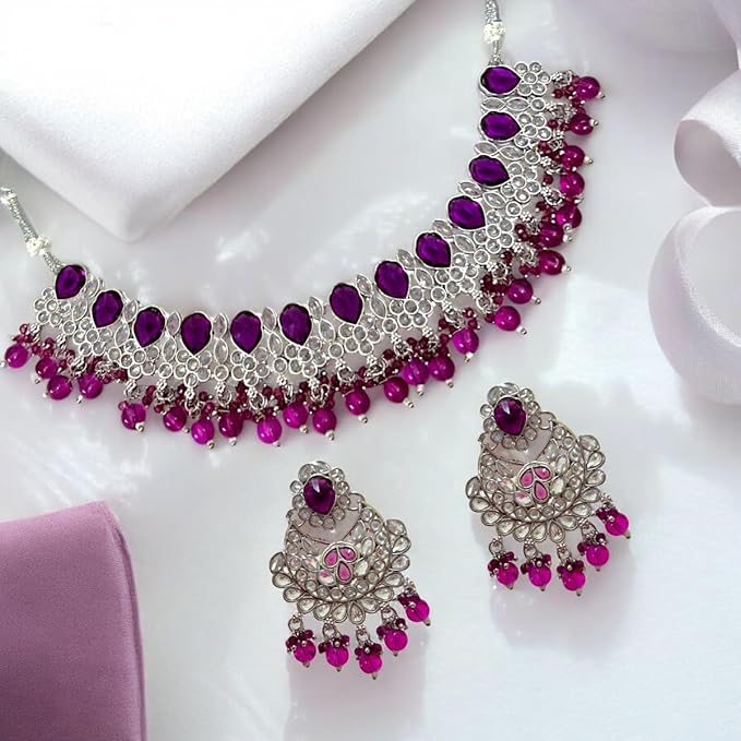 ACCESSHER Silver Toned Necklace & Earring Set with American Diamond Stone Detailing for Women & Girls in Purple