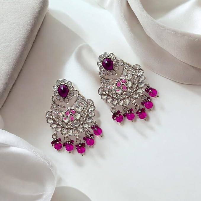 ACCESSHER Silver Toned Necklace & Earring Set with American Diamond Stone Detailing for Women & Girls in Purple - Image 2