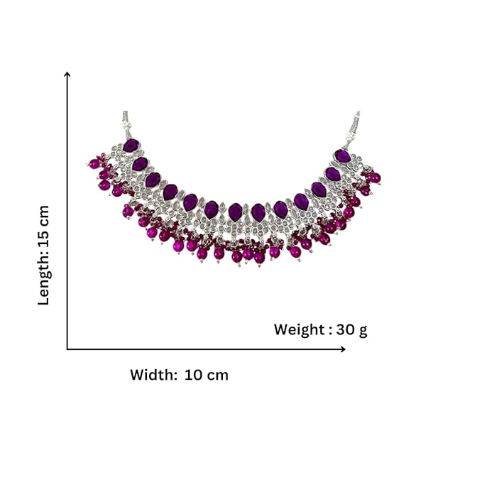 ACCESSHER Silver Toned Necklace & Earring Set with American Diamond Stone Detailing for Women & Girls in Purple - Image 5