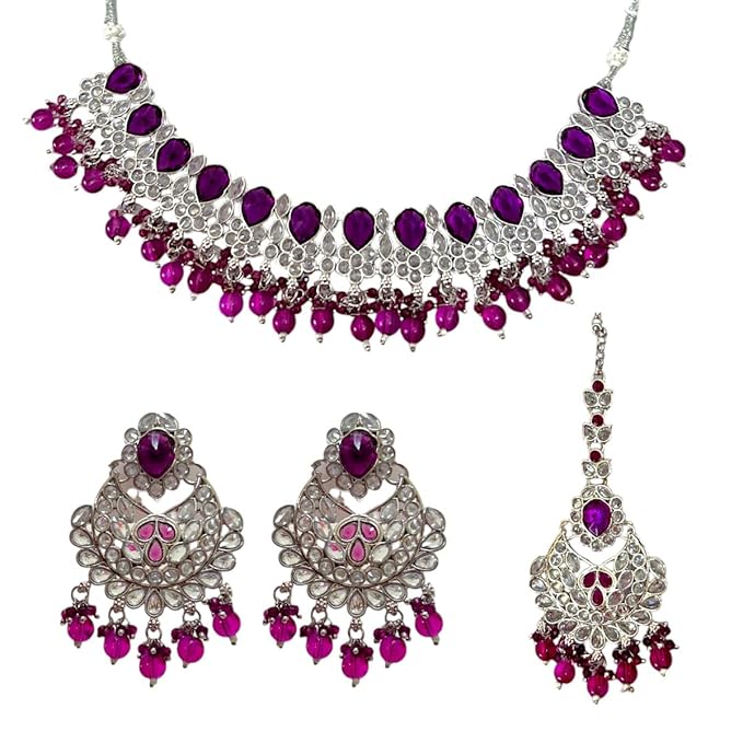 ACCESSHER Silver Toned Necklace & Earring Set with American Diamond Stone Detailing for Women & Girls in Purple - Image 4