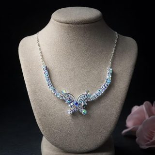 ACCESSHER Silver Tone Butterfly Pendant Choker Necklace with White Stone & Rhinestone Detailing for Women & Girls