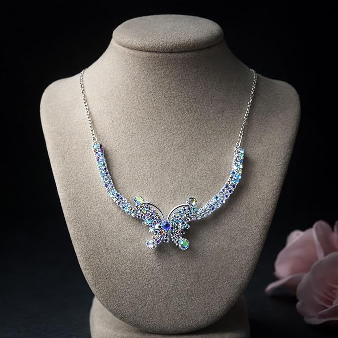 ACCESSHER Silver Tone Butterfly Pendant Choker Necklace with White Stone & Rhinestone Detailing for Women & Girls
