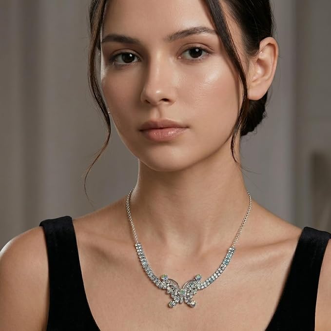 ACCESSHER Silver Tone Butterfly Pendant Choker Necklace with White Stone & Rhinestone Detailing for Women & Girls - Image 2