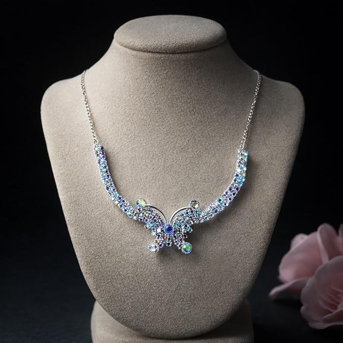 ACCESSHER Silver Tone Butterfly Pendant Choker Necklace - White Stone & Rhinestone Detailing for Women & Girls