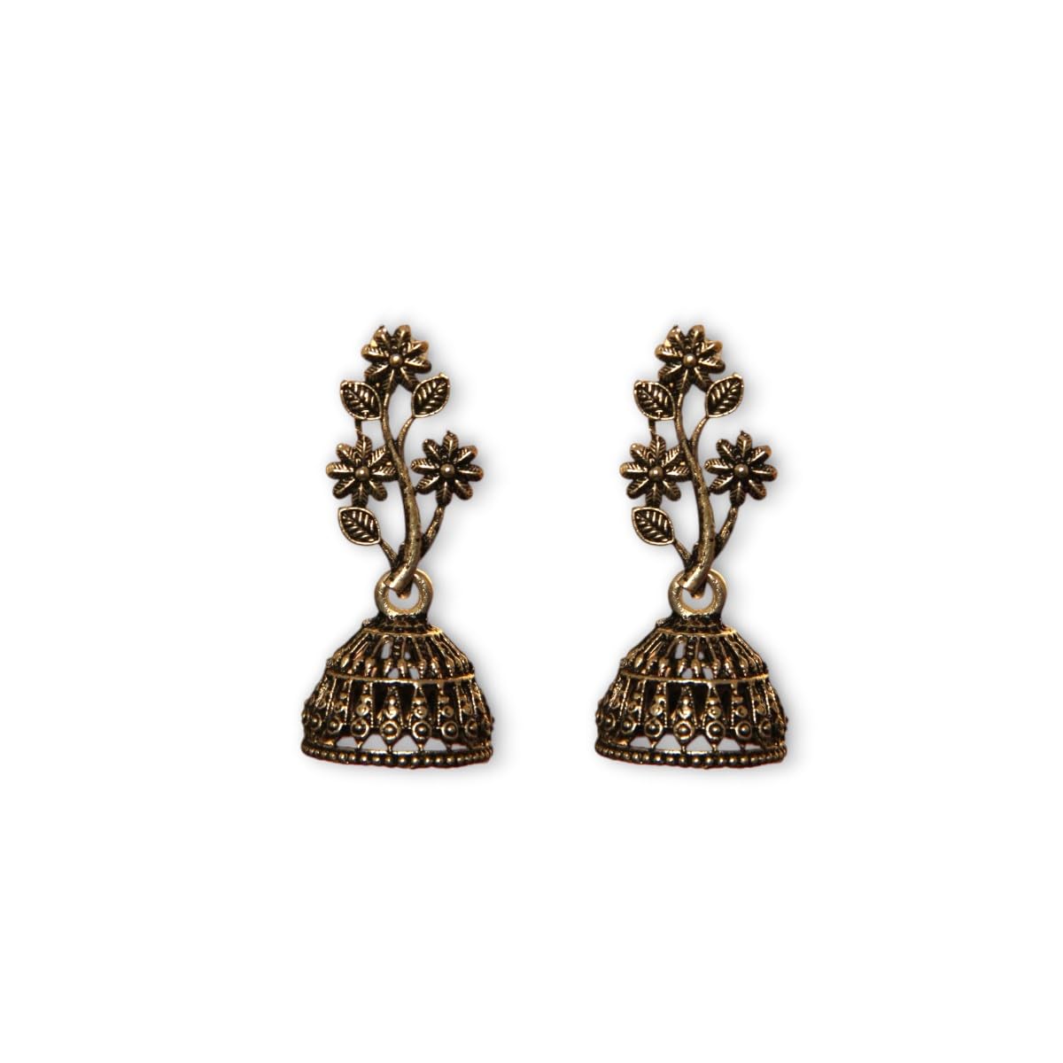 ACCESSHER Oxidised Silver Dome Jhumki Earrings with Flower & Leaf Motif – Lightweight Small-Size Ethnic Design - Image 2