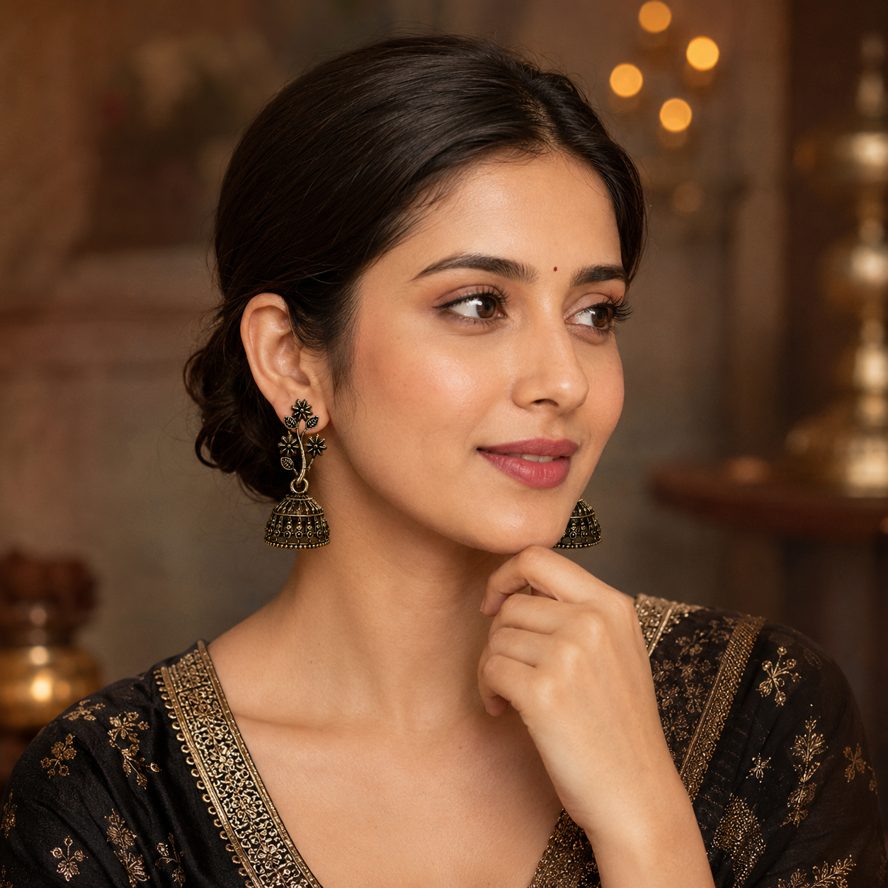 ACCESSHER Oxidised Silver Dome Jhumki Earrings with Flower & Leaf Motif – Lightweight Small-Size Ethnic Design - Image 5