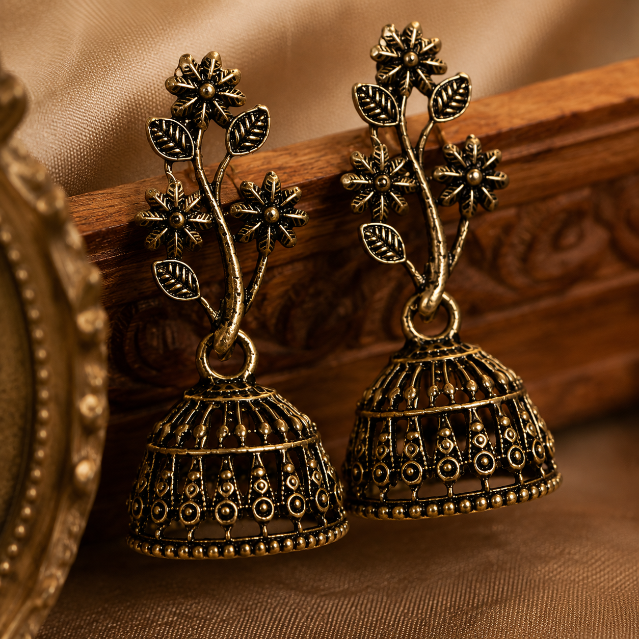 ACCESSHER Oxidised Silver Dome Jhumki Earrings with Flower & Leaf Motif – Lightweight Small-Size Ethnic Design - Image 4