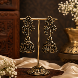 ACCESSHER Oxidised Silver Dome Jhumki Earrings with Flower & Leaf Motif – Lightweight Small-Size Ethnic Design