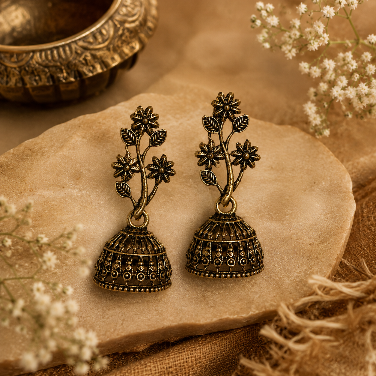 ACCESSHER Oxidised Silver Dome Jhumki Earrings with Flower & Leaf Motif – Lightweight Small-Size Ethnic Design - Image 3
