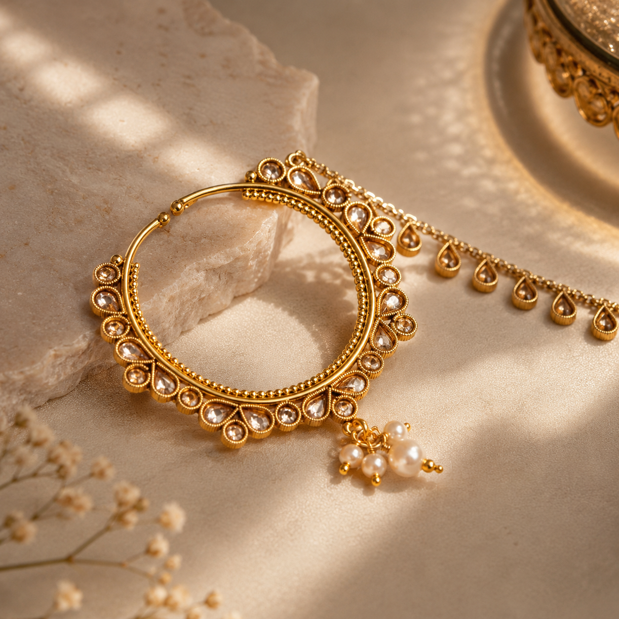 ACCESSHER Gold Plated Copper Nose Ring with Chain & American Diamond Detailing - Bridal Jewellery - Image 2