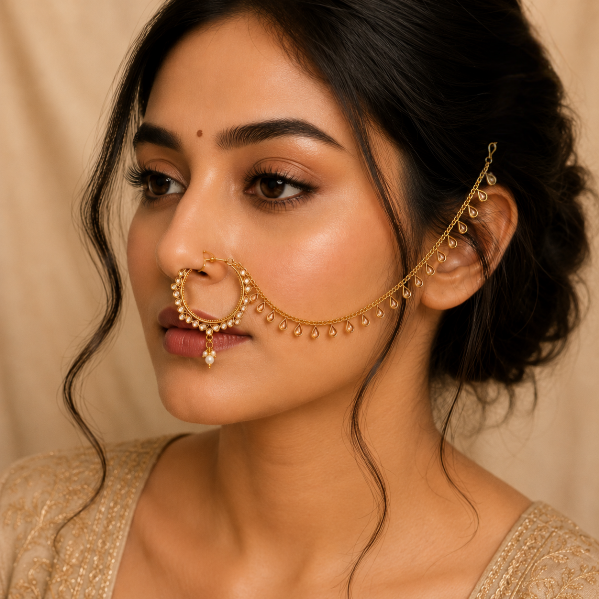 ACCESSHER Gold Plated Copper Nose Ring with Chain & American Diamond Detailing - Bridal Jewellery - Image 4