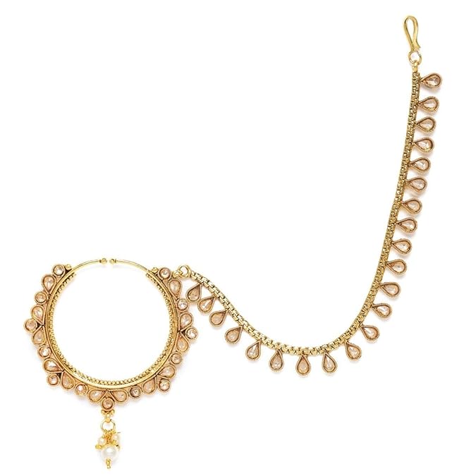 ACCESSHER Gold Plated Copper Nose Ring with Chain & American Diamond Detailing - Bridal Jewellery - Image 3