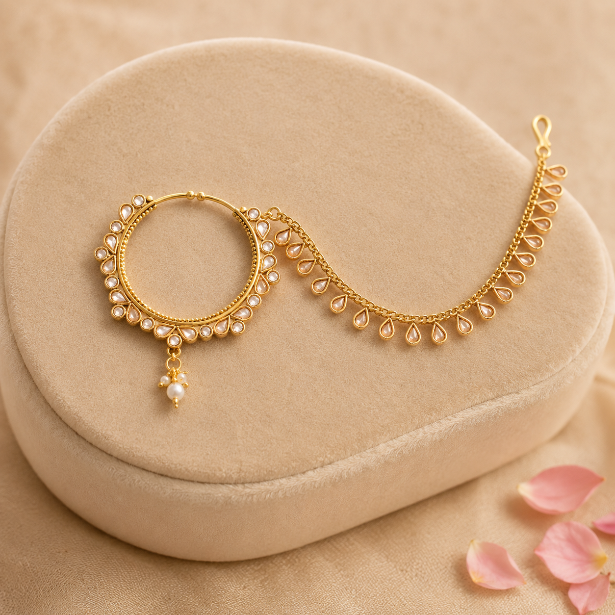 ACCESSHER Gold Plated Copper Nose Ring with Chain & American Diamond Detailing - Bridal Jewellery
