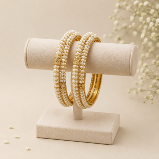 ACCESSHER Gold Plated Bangles - White Faux Pearl Bead Detailing (Set of 4, Size 2.8)