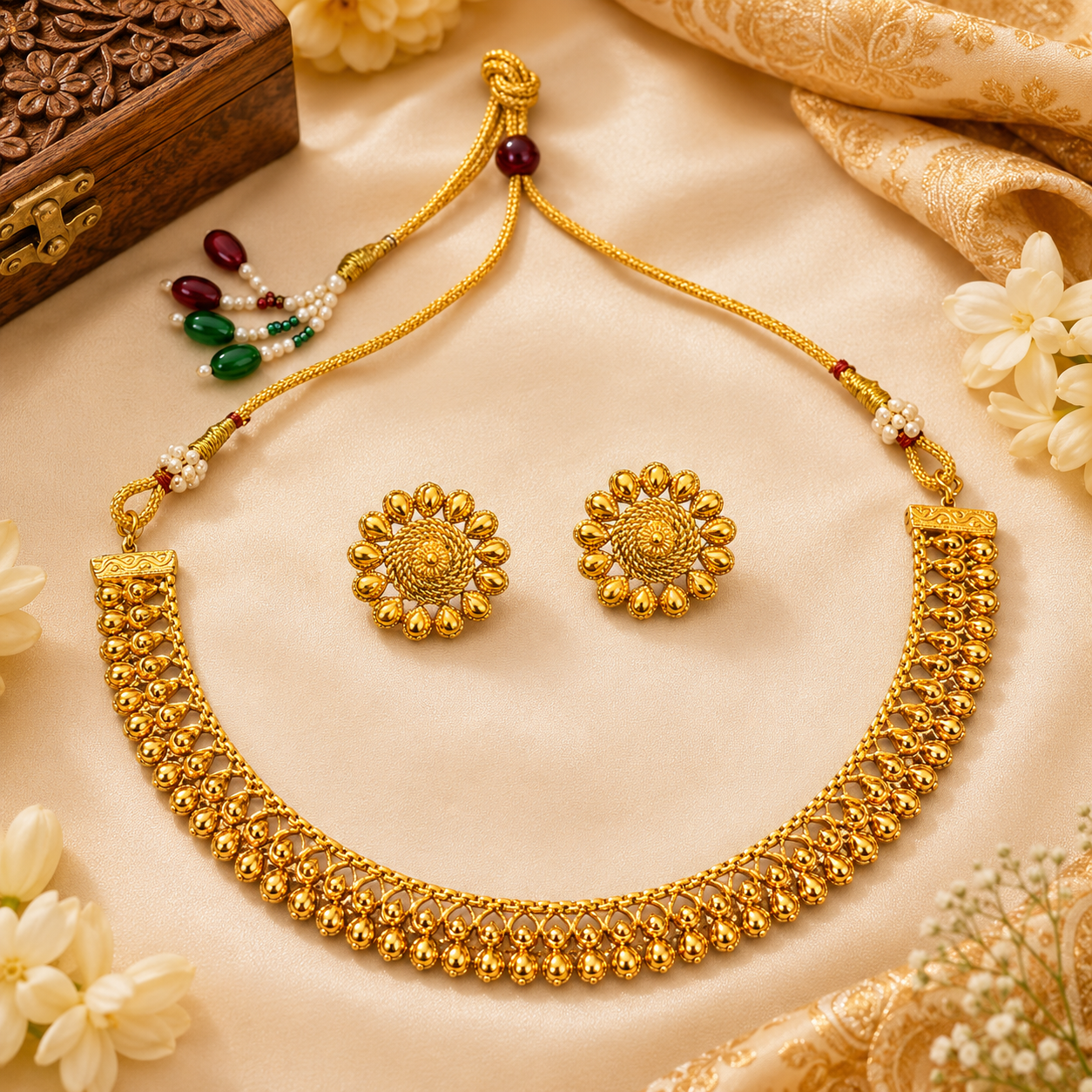 ACCESSHER Traditional Gold-Tone Choker Necklace Set for Women | Intricate Filigree Pattern Choker with Floral Stud Earrings | Ethnic Jewellery Set for Weddings & Festive Wear - Image 2