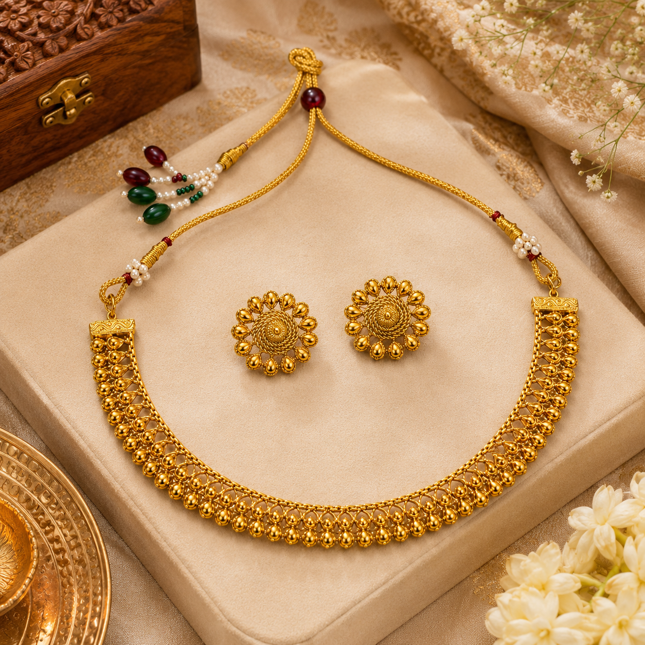 ACCESSHER Traditional Gold-Tone Choker Necklace Set for Women | Intricate Filigree Pattern Choker with Floral Stud Earrings | Ethnic Jewellery Set for Weddings & Festive Wear - Image 4