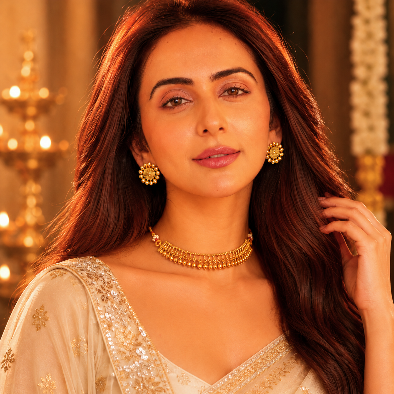 ACCESSHER Traditional Gold-Tone Choker Necklace Set for Women | Intricate Filigree Pattern Choker with Floral Stud Earrings | Ethnic Jewellery Set for Weddings & Festive Wear - Image 3